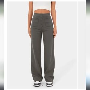 NEW Button Pocket high waisted wide straight leg work pants XS Petite dark grey